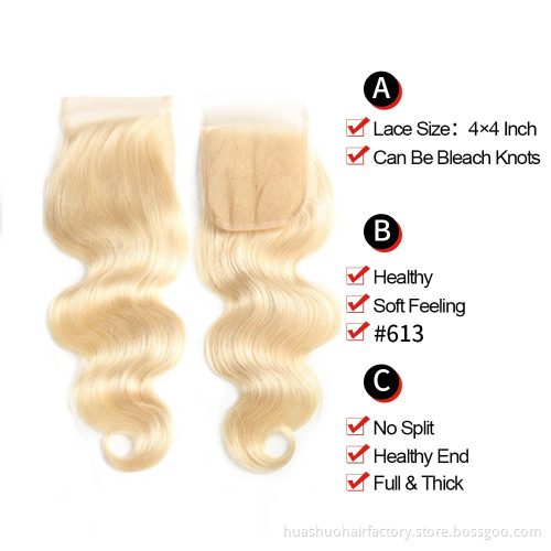 Huashuo 50% OFF Natural Pre-Plucked Hair Line Straight Remy Hair Real 613 Blonde Color Virgin Indian Hair  613 Lace Closure